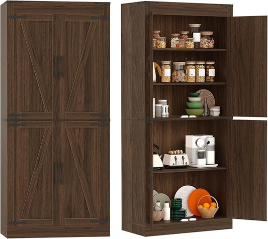 IDEALHOUSE 71" Tall Pantry Cabinet, Farmhouse Kitchen Pantry Storage Cabinets with 4 Doors and 5 Shelve, Large Narrow Food Storage Cabinet Cupboard for Dining Room Living Room