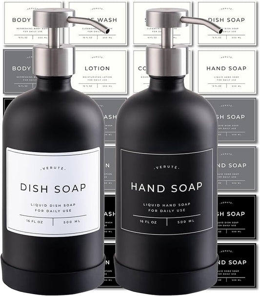 Hand and Dish Soap Dispenser for Kitchen and Bathroom, Set of 2 16 Oz Glass Bottles, Stainless Steel Pumps, Non-Slip Silicone Base, 27 Waterproof Labels (Matte Black Bottle/Brushed Silver Pump)
