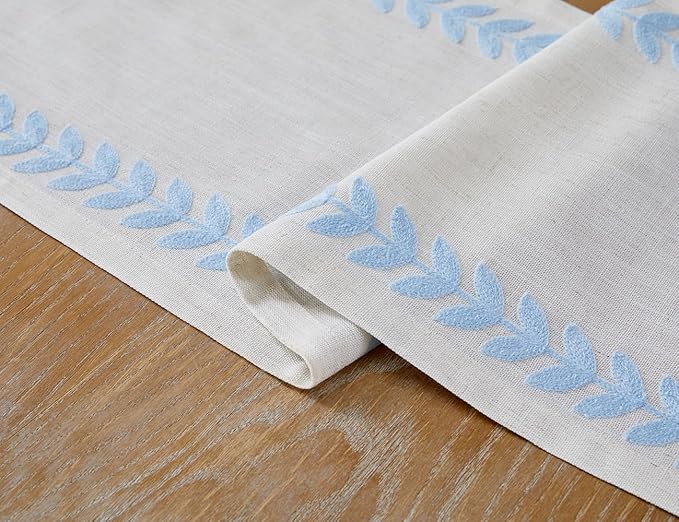 Wracra Embroidered Table Runner Irregular Willow Leaf Table Runners 108 Inches Long for Dresser Home Dining Table Decor,14 x 108 Inch, Blue
