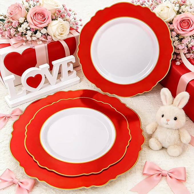 WDF 60pcs Red Christmas Plastic Plates with Gold Rim - 10.25inch Red Dinner Plates Disposable Plates Table Decor for Valentine's Day