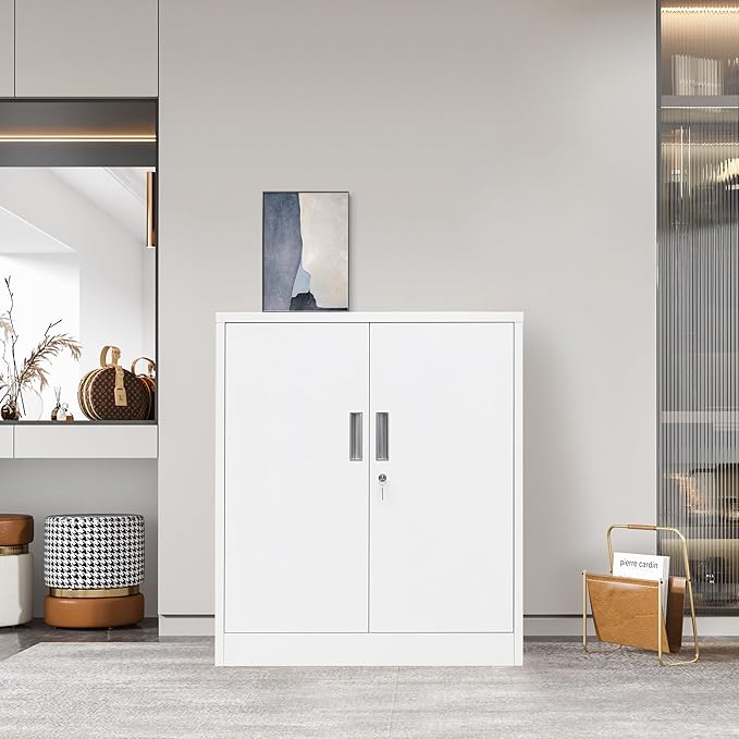 CJF Metal Storage Cabinets with Shelves and Doors, Steel Locking Cabinet for Home Office, Garage, Utility Room and Basement, 36.2" H x 31.5" W x 15.7" D (White)