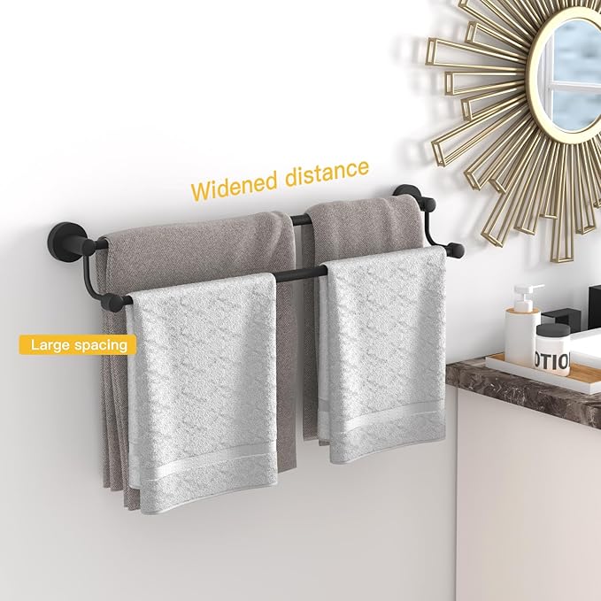 BESy Adjustable 16-26 Inches Double Bath Towel Bar for Bathroom SUS304 Stainless Steel Towel Holder, Hotel Style Wall Mount with Screws Hand Towel Bar Towel Rack Rod Hanger, Matte Black Finish