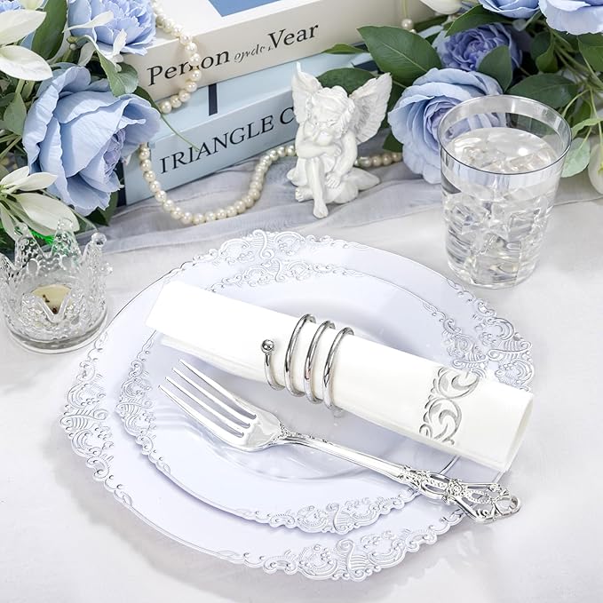 YOUBET 700PCS Silver Plastic Plates - White and Silver Disposable Plates - Silvery Plastic Dinnerware Set - Include 200 Plates, 300 Heavy Duty Silverware, 100 Cups and 100 Napkins for Wedding & Party