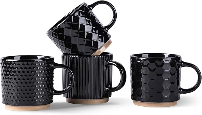 GBhome 6OZ Stackable Coffee Mugs, Ceramic Coffee Mugs with Texture Patterns for Man,Woman,Dad,Mom, Modern Coffee Cups Set of 4 for Espresso/Cappuccino/Cocoa. Dishwasher&Microwave Safe, Black
