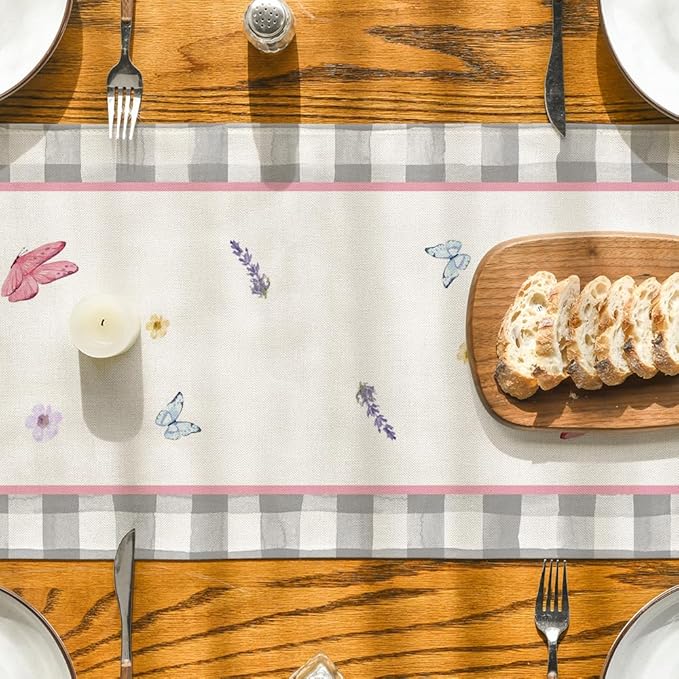Artoid Mode Buffalo Plaid Vase Lavender Tulip Spring Table Runner, Seasonal Kitchen Dining Table Decoration for Home Party Decor 13x120 Inch