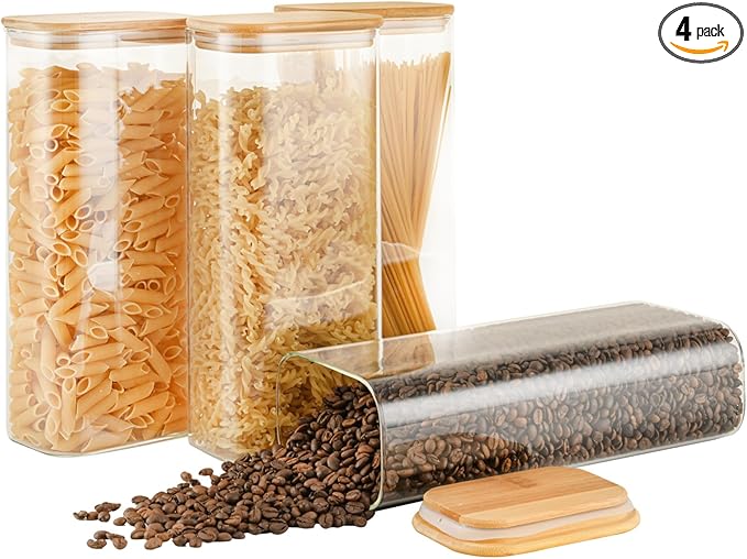71oz Rectangle Airtight Glass Storage Containers with Bamboo Lids (Set of 4), Square Food Storage Jar, Pantry Organizers for Sugar, Flour, Spaghetti and Coffee beans (?럚ith Black Lable)