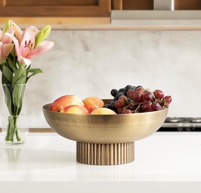 Kate and Laurel Rooks Ribbed Decorative Metal Bowl; 12 Inch Diameter; Brass; Modern Raised Fruit Bowl for Kitchen Counter or Use as a Key Bowl for an Entryway Table