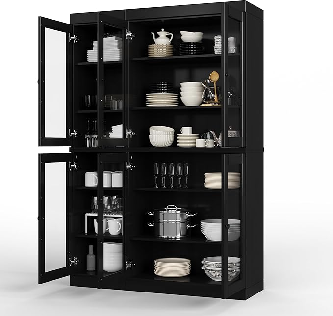 Palace Imports 100% Solid Wood 48.5" Pantry China Cabinet with Clear Glass Doors and Adjustable Shelves (Black)