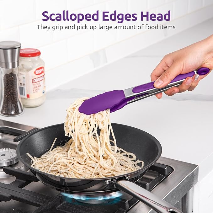 600쨘F Heat Resistant Kitchen Tongs: U-Taste 9 inch Silicone Cooking Tong with Firm Sealed Non Stick Rubber Tips & Silicon Coated 18/8 Stainless Steel Handle & Smooth Locking for Serving Grill (Purple)