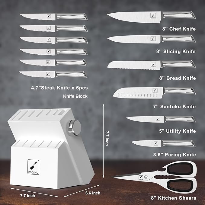 imarku 14-Piece Knife Set with Block, Built-in Sharpener, High Carbon Stainless Steel Kitchen Knives, Dishwasher Safe, Rust Resistant, Non-Slip Handle ??Gift for Home Cooks & Chefs, White
