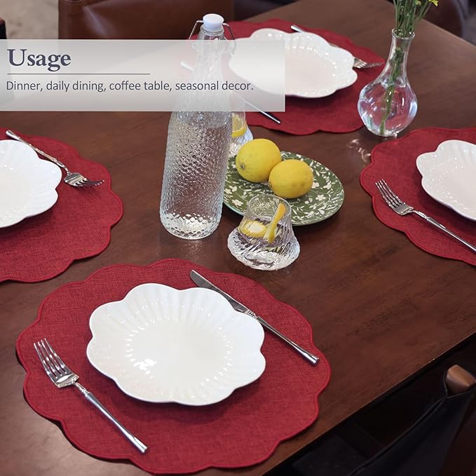 AHHFSMEI Round Faux Linen Placemats Set of 4 Waterproof Table Mats Heat Resistant Non-Slip and Stain Proof for Kitchen Dining Elegant Decor (Burgendy red,4)