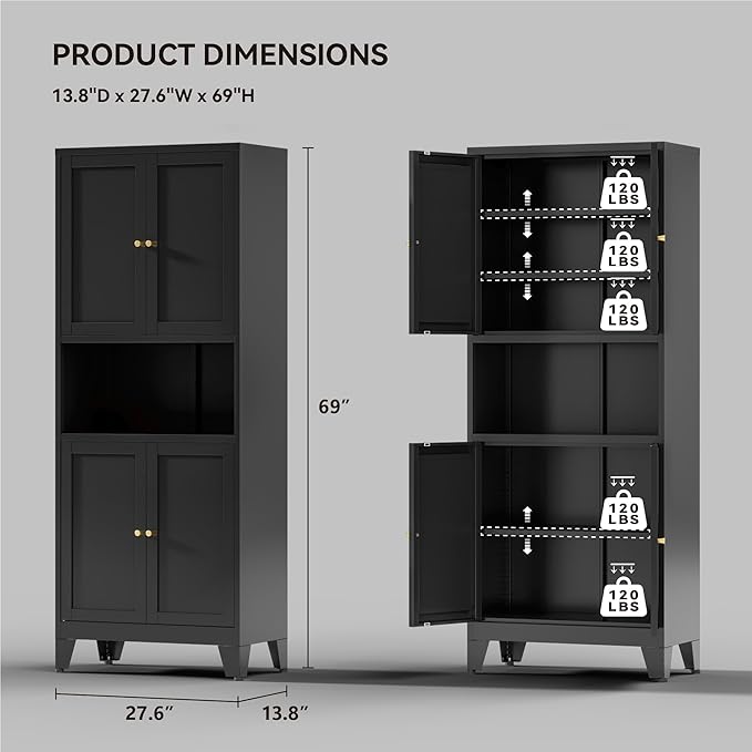 COFaR 69" Tall Modern Kitchen Pantry,Metal Storage Cabinet with Adjustable Shelves,Pantry Cabinet with 6-Tier,Freestanding Cupboard for Kitchen,Dining Room,Living Room,Bathroom,Black