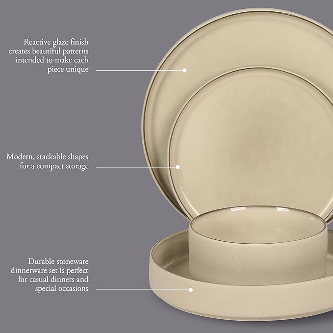Gibson Elite Liberty Bay 16-Piece Pottery Clay Stoneware Dinnerware Set ??Taupe Reactive Glaze, Stackable Plates and Bowls W/Pasta Bowl, Service for 4 ??Microwave & Dishwasher Safe