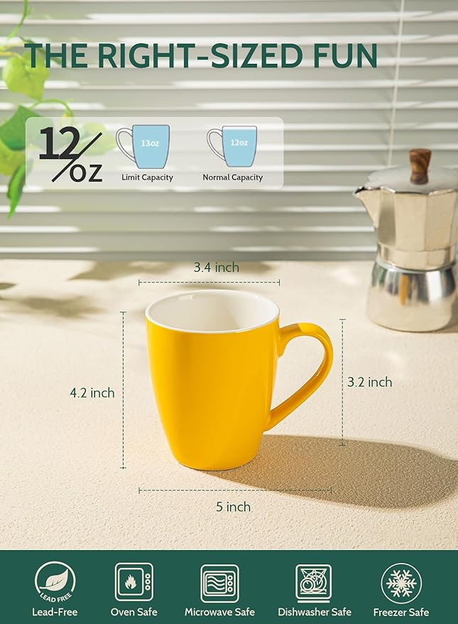Sweese Porcelain Mugs - 12 Ounce for Coffee, Tea, Mocha and Mulled Drinks - Set of 6, Hot Assorted Colors