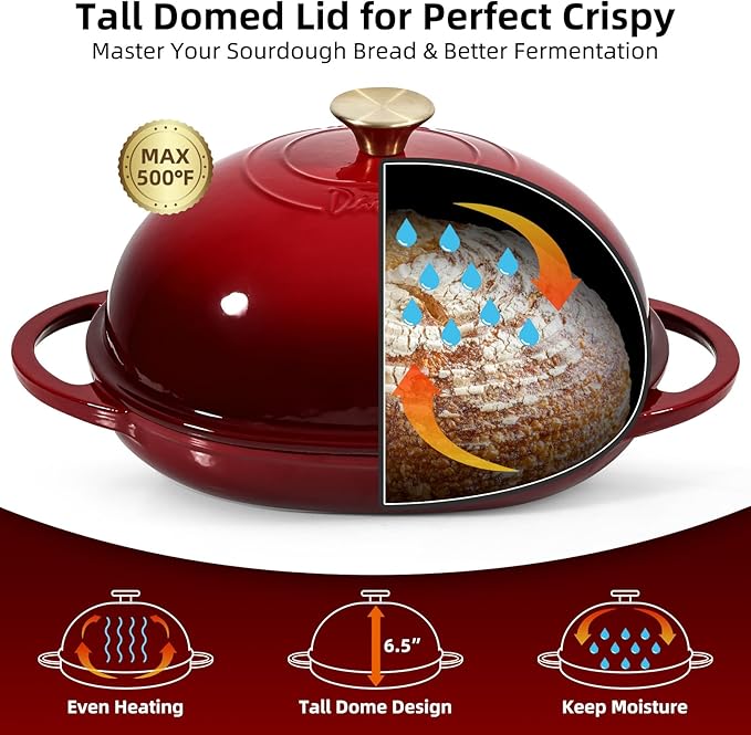 Davivy 6QT Oval Bread Dutch Oven with Silicone Baking Mat, Enameled Cast Iron Dutch Oven for Sourdough Bread Pan 6QT, Cast Iron Bread Cloche Sourdough Pan with Domed Lid - Ruby Red