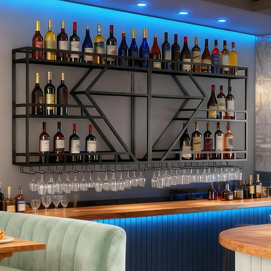95in Large Wall Mounted Wine Rack, 4 Tier Modern Diamond Shaped Floating Bar Wine Storage Display Shelf, Metal Industrial Liquor Bottles Shelves Wine Glass Holder (Black, 3 Tier,95in)