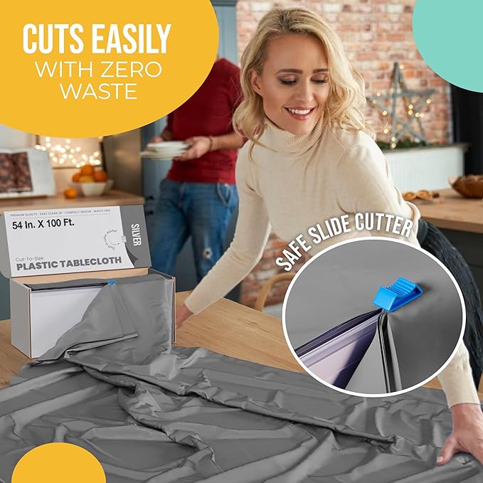Party Solids 54 Inch X 100 Feet Silver Plastic Table Cover Roll in A Cut - to - Size Box with Convenient Slide Cutter. Cuts Up to 12 Rectangle 8 Feet Plastic Disposable Tablecloths