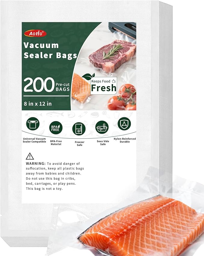 Aotto Vacuum Sealer Bags for Food - 200 Count Quart 8" x 12" Commercial Grade BPA Free Heavy Duty Vacuum Seal Bags for Food Storage, Meal Prep and Sous Vide