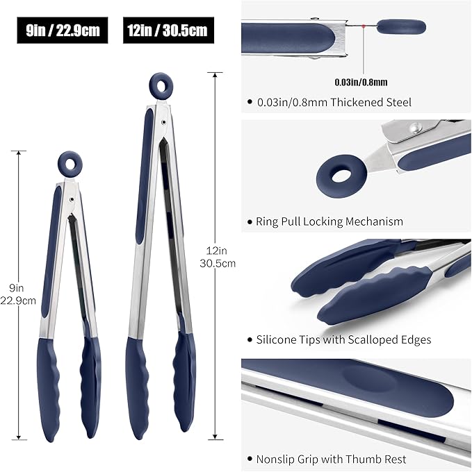 Doosu Kitchen Tongs for Cooking - 600째F Heat Resistant Food Tong Set with Non-Scratch Silicone Tips, Heavy Duty Stainless Steel Locking Tong for BBQ, Grilling Steak, Serving Salad (9+12in, Navy Blue)