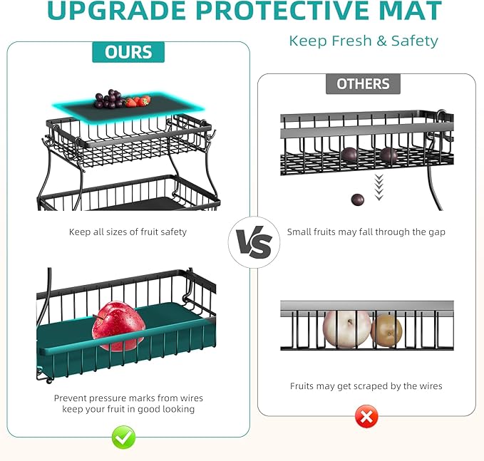 2 Tier Fruit Basket with 4 Banana Hangers, Improved Fruit Bowl for Kitchen Counter, Detachable Large Capacity Countertop Organizer Fruit Holder Stand for Vegetable Bread Snack Produce Storage