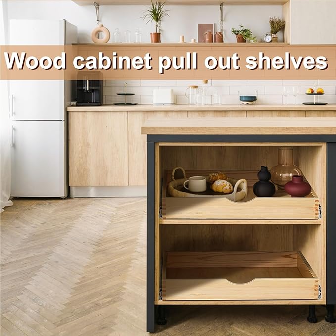 Sintuff 4 Set Wooden Pull out Tray Cabinet Organizer Gentle Close Roll out Shelves for Kitchen Cabinets Fully Assembled Slide Pantry Shelves (24'' X 21'')