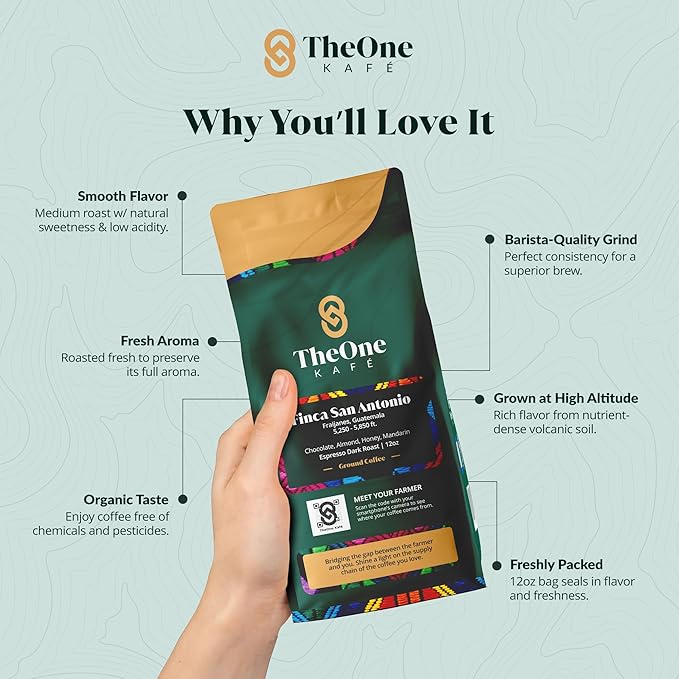 TheOne Kafé Guatemala Dark Roast Ground Coffee ??Organic, Single Origin, Premium Specialty Coffee, Ethically Sourced, Smooth & Rich Flavor ??Fresh Roasted for Espresso, Drip, Pour Over ??12 oz
