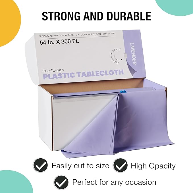 Party Solids 54 Inch X 300 Feet Lavender Plastic Table Cover Roll in A Cut - to - Size Box with Convenient Slide Cutter. Cuts Up to 36 Rectangle 8 Feet Plastic Disposable Tablecloths