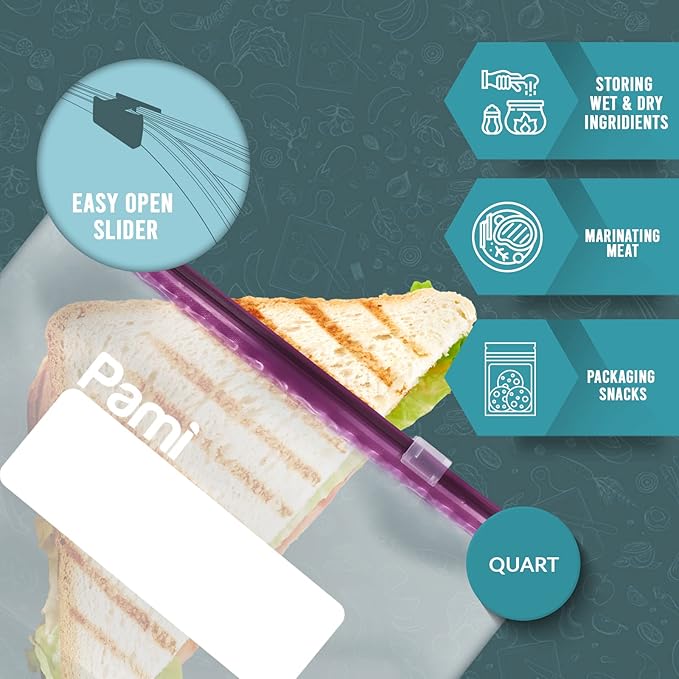 PAMI Thick Leakproof Reusable Slider Zipper Food Storage Bags for Pantry and Freezer with Expandable Base and Write-On Label (Quart 50 Clear)