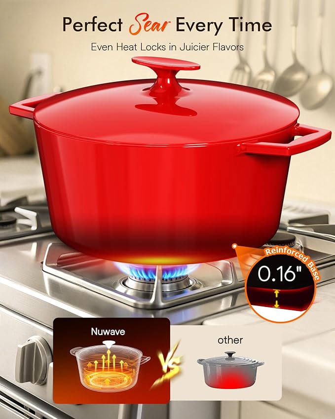 Nuwave 6QT LUX Healthy Enameled Cast Iron Dutch Oven Pot with Lid, Heavy Duty 7-Layer Enamel, Enhanced Rust Protection, Dual Handles, Oven Safe to 500째F for Sourdough Bread Baking, Braise, Stew, Roast