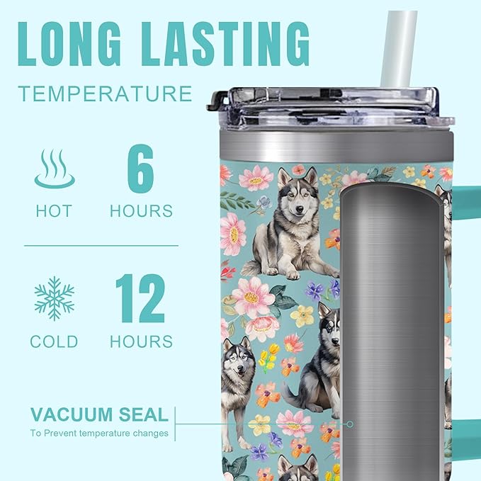 Yogusut Siberian Husky Gifts for Women, 40oz Stainless Steel Insulated Tumbler Travel Mug Cup with Handle Straw, Gifts for Dog Mom Dog Lover