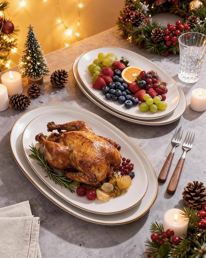 famiware Serving Platter, Oval 15.59/14.3/12.9inch Serving Dishes for Entertaining, Serving Bowls, Dishwasher Safe, Stoneware Serving Trays for Party, Food, Turkey, Cheese, Reactive Glaze, Matte White