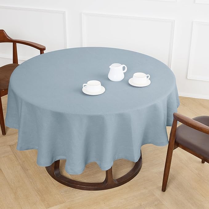 Solino Home Linen Round Tablecloth 70 Inch - 100% Pure Linen Dusty Blue Round Tablecloth - Machine Washable Table Cloth - Sonoma