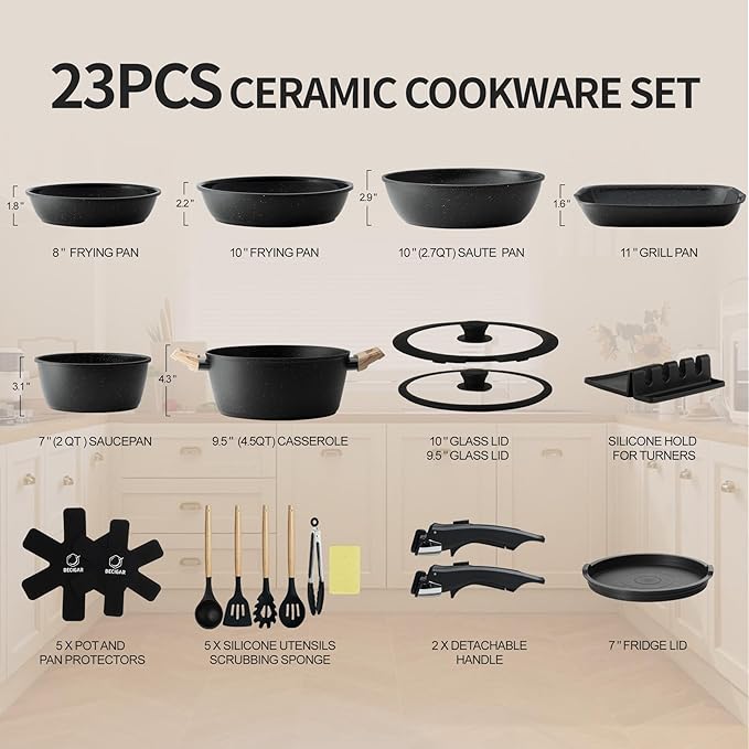 23PCS Ceramic Nonstick Cookware Set, Nonstick Detachable Handle Ceramic Cookware, Induction Kitchen Cooking Set with Removable Handle,include Frying Pans & Saucepans Oven Safe(Black)