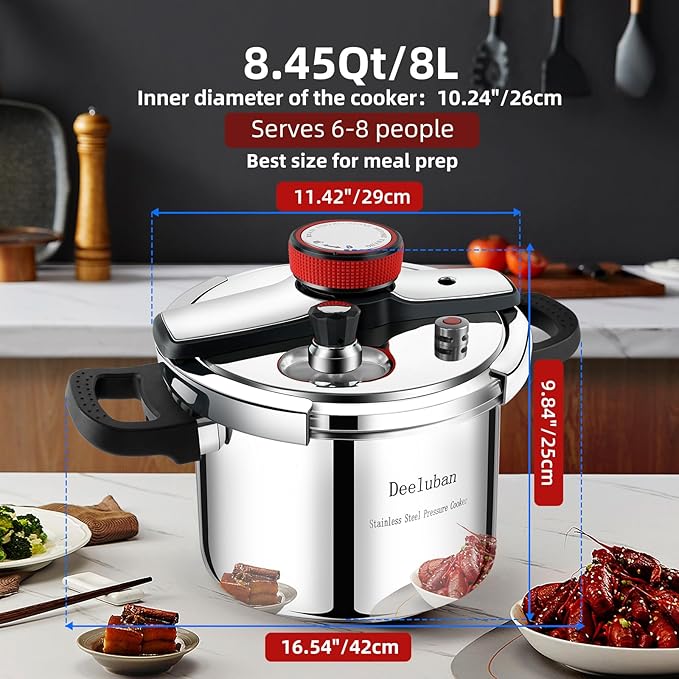Pressure Cooker Stainless Steel 8 Qt, Commercial Stove Top Pressure Cooker Pot, One-Hand Locking, Compatible with Gas & Induction, Fast Cooking for Large Meals, Dishwasher Safe, PETERBOO