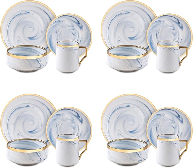 16 Piece Plates and Bowls Sets, Fine China Artisan Marbled Dinner Set for 4, Dishwahser Safe, Scratch Resistant, Blue with Gold Line