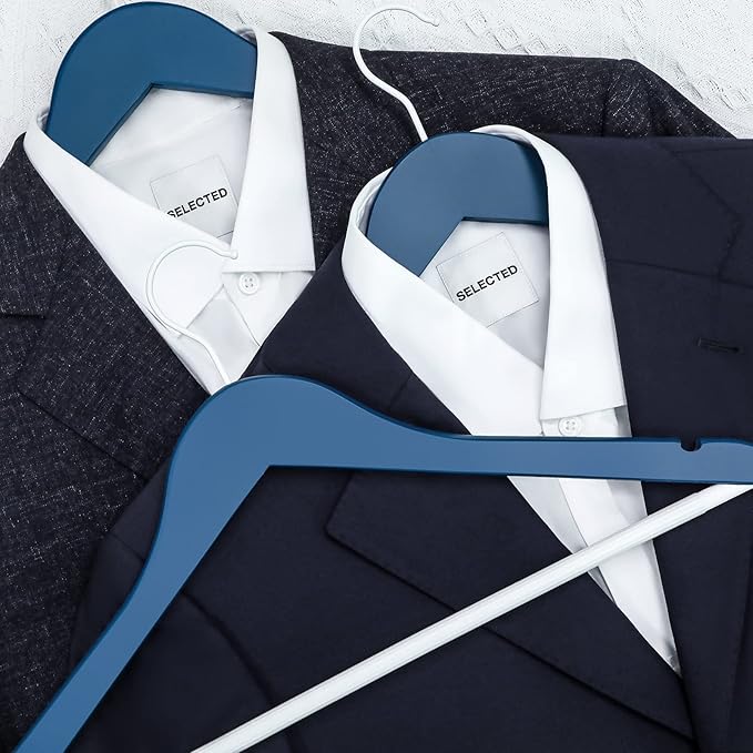 TOPIA HANGER Premium Wooden Hangers with Non-Slip Pant Bar, 360째Swivel Hook and Shoulder Notches, 16 Pack Solid Wood Clothes Hangers for Suit, Coat, Jacket, Camisole(Blue/White)-CT35BW1