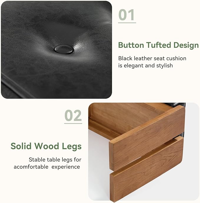 TRIBEWOOD 47-Inch Solid Wood Entryway Bench, Modern End of Bed Bench with Button-Tufted Leather Pad and Wooden Legs, for Living Room, Bedroom, Kitchen, Hallway, Black & Brown