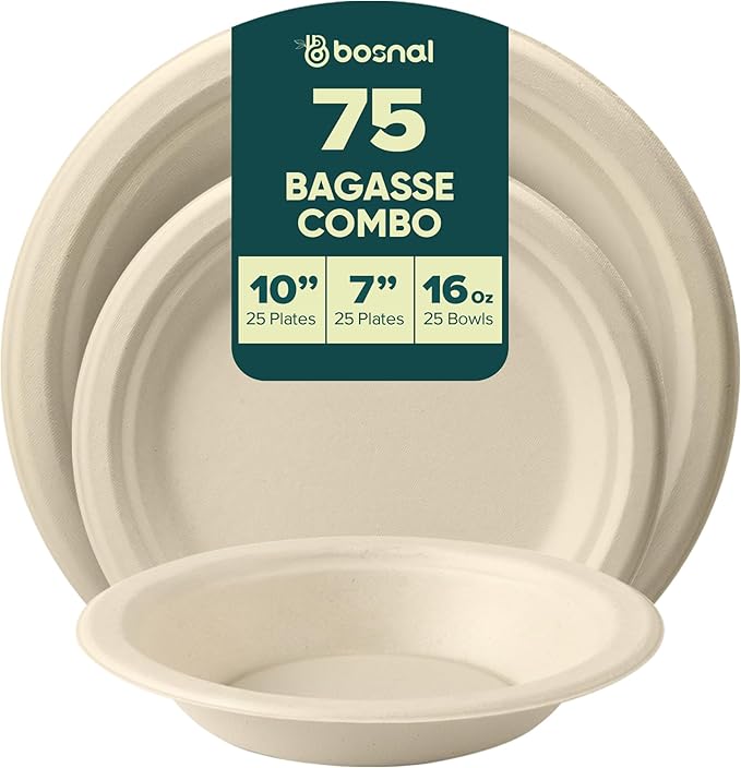BOSNAL 10 inch & 7 inch Round Plates with 16 oz Bowls ??100% Plant-Based Sugarcane Bagasse, Eco-Friendly Disposable Dinnerware for Hot & Cold Meals, Microwave Safe, Compostable, Durable & Sustainable