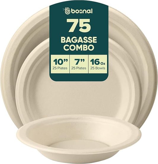 BOSNAL 10 inch & 7 inch Round Plates with 16 oz Bowls ??100% Plant-Based Sugarcane Bagasse, Eco-Friendly Disposable Dinnerware for Hot & Cold Meals, Microwave Safe, Compostable, Durable & Sustainable