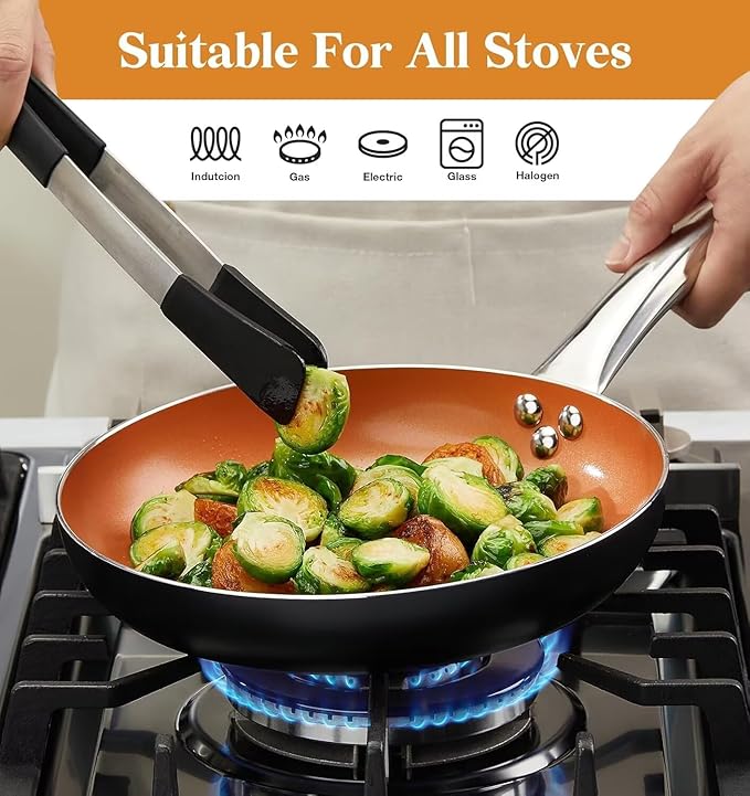 KOCH SYSTEME CS Little Skillet with Lid - 8" Copper Nonstick Frying Pan for Oven & Stove, Small Skillet with Ceramic Coating, Aluminum Nonstick Pan, 100% PFOA Free, All Stove Tops Compatible