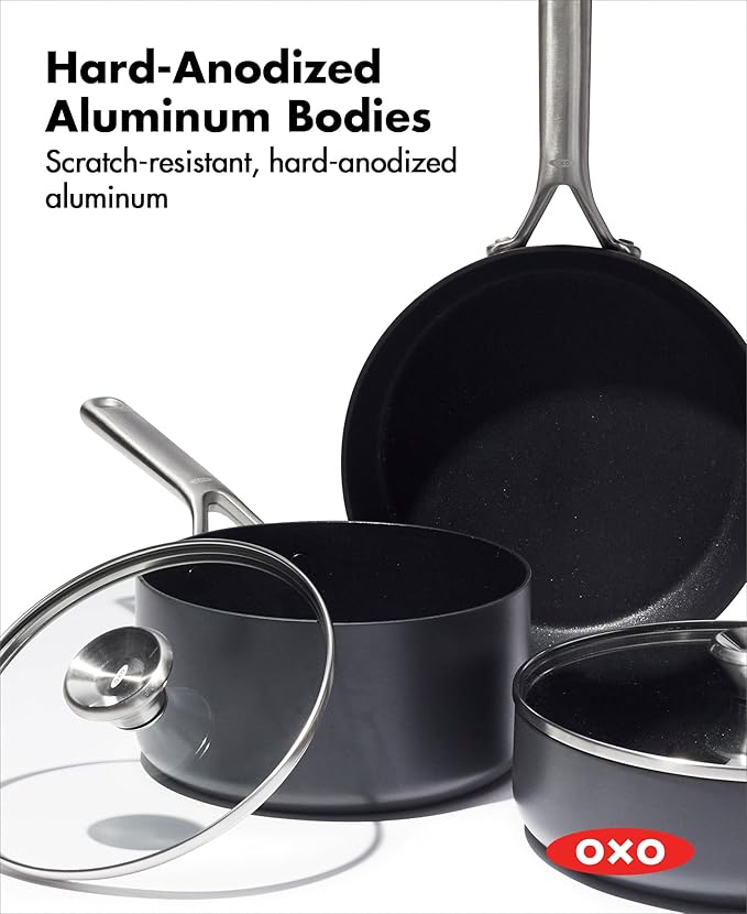 OXO Professional 5 Piece Cookware Pots and Pans Set, Hard Anodized Ceramic Nonstick PFAS-Free, Stainless Steel Handles, Induction Suitable, Diamond Reinforced Coating, Dishwasher and Oven Safe, Black