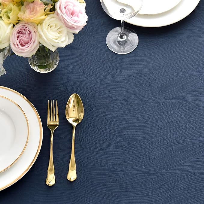 maxmill Jacquard Tablecloth Swirl Design Spillproof Wrinkle Free Heavy Weight Soft Table Cloth Decorative Fabric Table Cover for Outdoor and Indoor Use Oblong 60 x 120 Inch Navy Blue