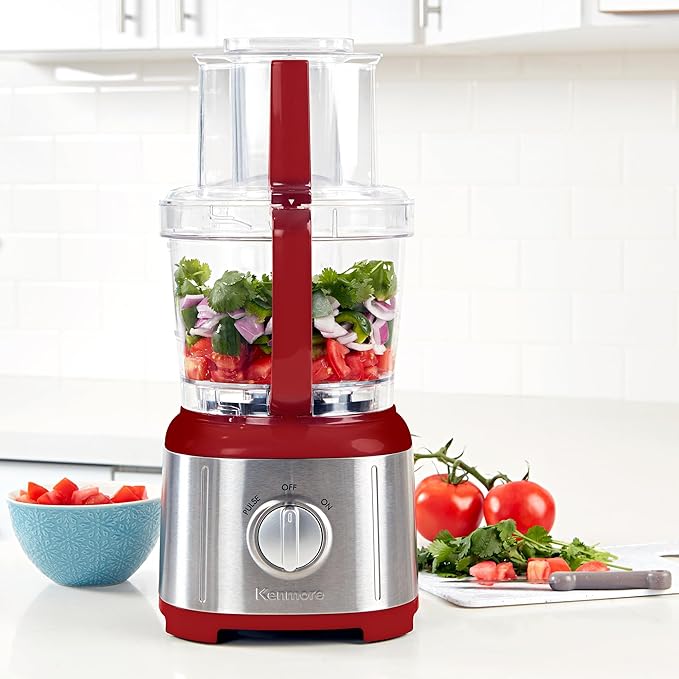 Kenmore 11-Cup Food Processor - Vegetable Procesador de Alimentos, Blender, Onion Chopper And Garlic Mincer, Kitchen Appliance High Powered Electric Licuadora, 500W, Stainless Steel Red