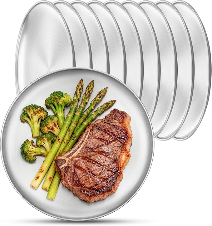 Metal Camping Plates, 10 Pack 9.1 inch Small 201 Stainless Steel Plates, Reusable Pizza Food Serving Snack Eating Salad Dishes Round Brushed Finish Silver Sturdy Dish Oven Dishwasher Safe