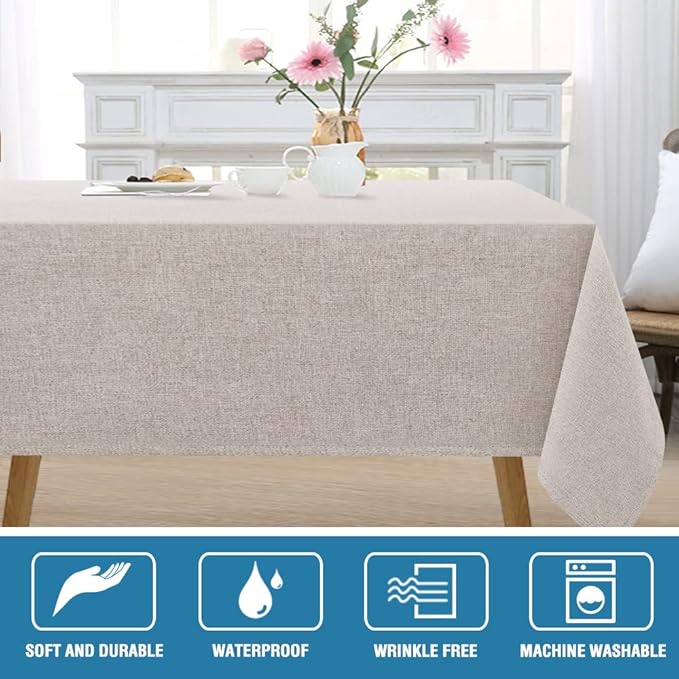 H.VERSAILTEX Linen Textured Tablecloth 54 x 80 Waterproof Decorative Table Cloth Spill-Proof Linen Look Cover for Party Table Extra Soft and Thick Fabric Wrinkle Free, Heather Sand