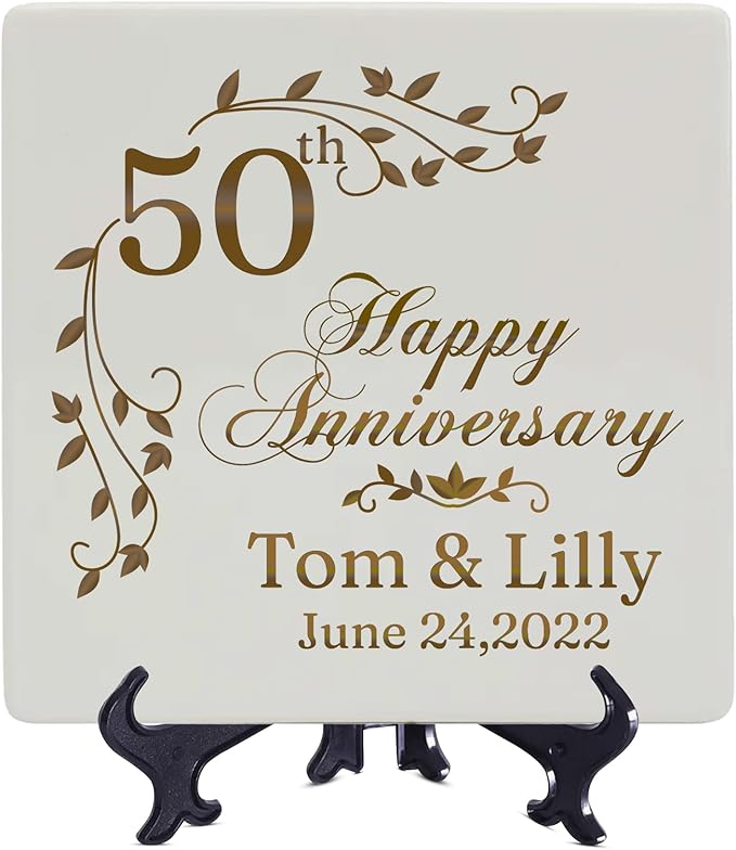 Custom 50th Wedding Anniversary Plate with Stand ??9" Ceramic Square China Plates, Personalized Golden Anniversary Present for Couple, Customize with Text Only
