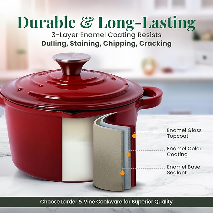 Larder & Vine Enameled Cast Iron Saucepan | 2.2 qt Sauce Pan with Lid | Saucepan with Pour Spouts | Enameled Cast Iron Pot Compatible on All Cooktops & Oven Safe to 500째 F | Cabernet