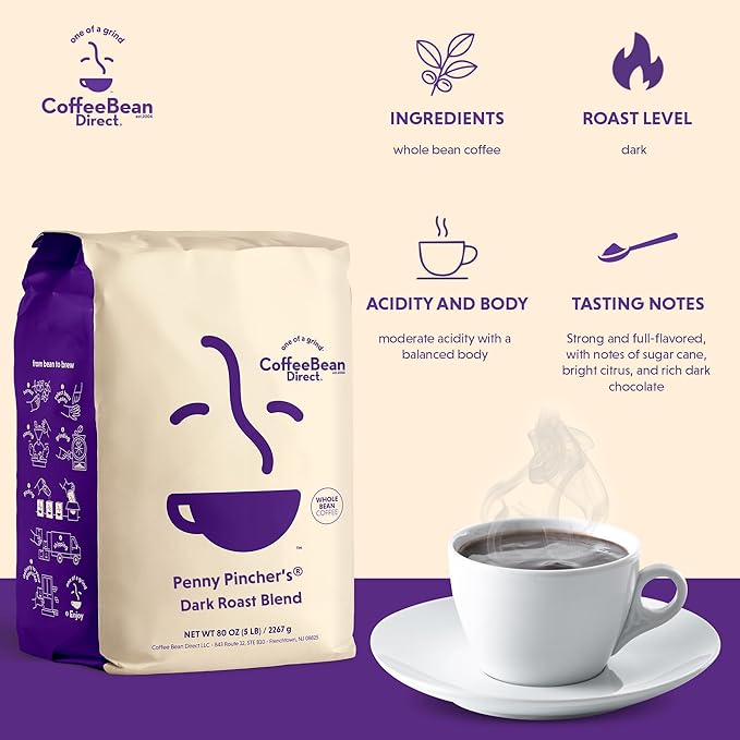 Coffee Bean Direct Penny Pincher's짰 Dark Roast Blend, Whole Bean Coffee, Dark Roast, 5 Pound Bag (Pack of 1)