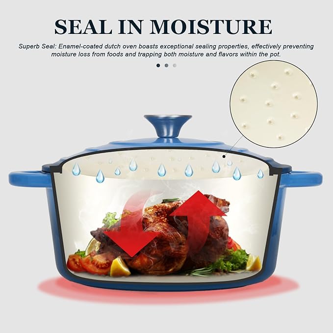 Overmont Enameled Cast Iron Dutch Oven - 5.5QT Pot with Lid Cookbook & Cotton Potholders - Heavy-Duty Cookware for Braising, Stews, Roasting, Bread Baking blue