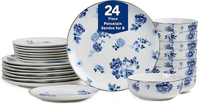 Stone Lain Viola 24-Piece Dinnerware Set Porcelain, Plates and Bowls Set, Dish Set for 8, Microwave and dishwasher Safe, Blue